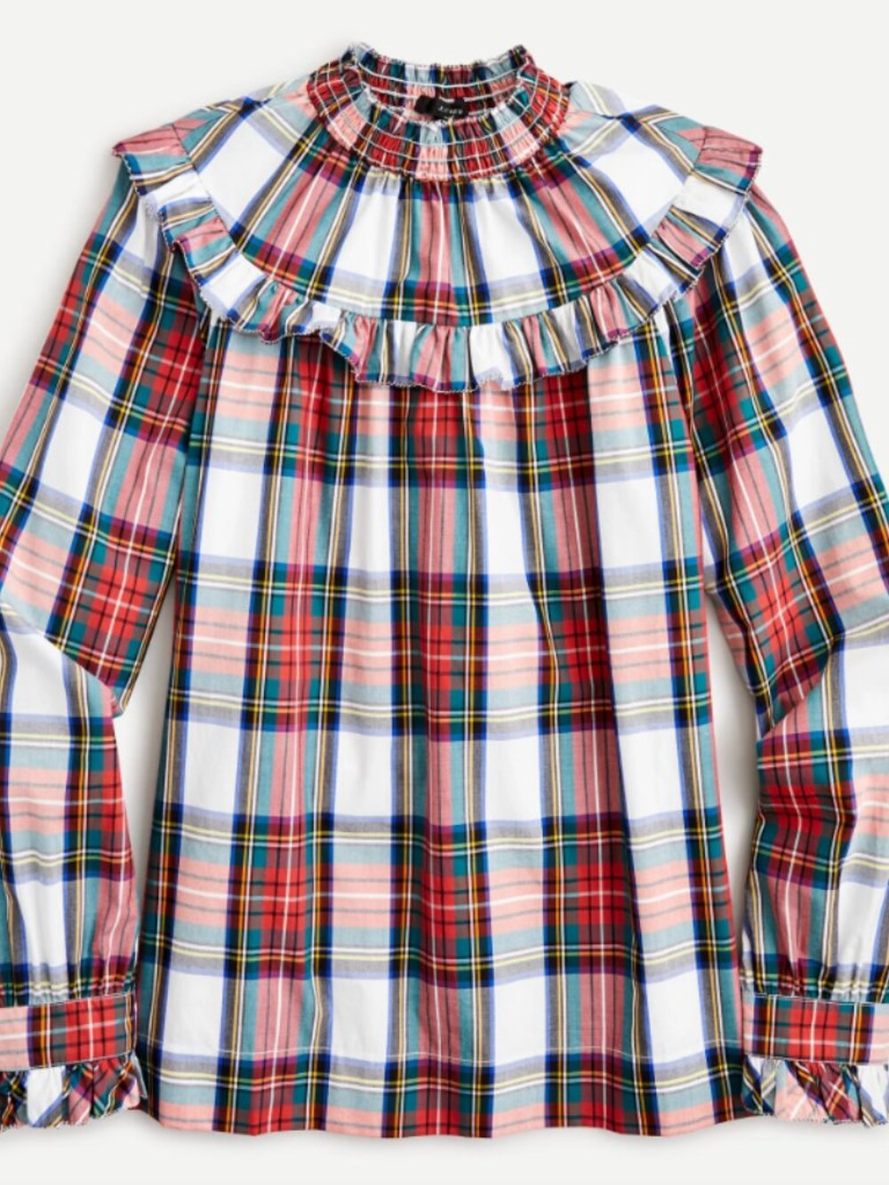 J. Crew Smocked Popover Top in Snowy Stewart Tartan Holiday Prairie Cottagecore